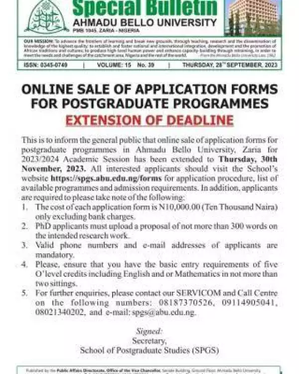 ABU notice on extension of postgraduate admission forms, 2023/2024