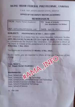 Akanu Ibiam Federal Poly reschedules May 1st exams
