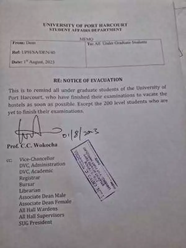 UNIPORT notice to undergraduate students on evacuation of hostel