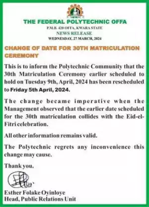 Fed Poly Offa change of date for 30th matriculation ceremony