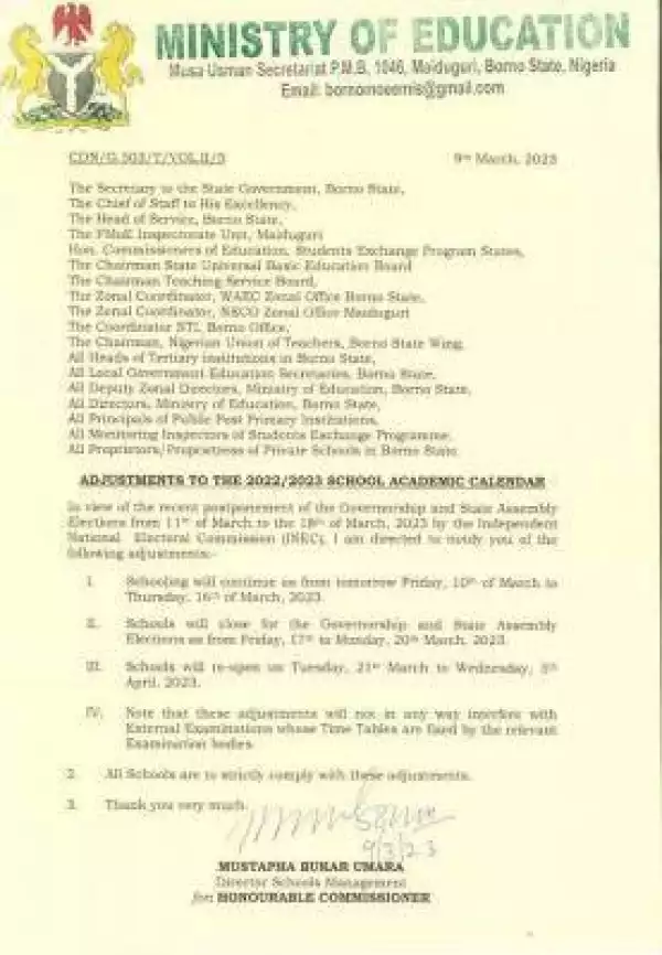 Borno State notice on adjustment to the 2022/2023 academic calendar
