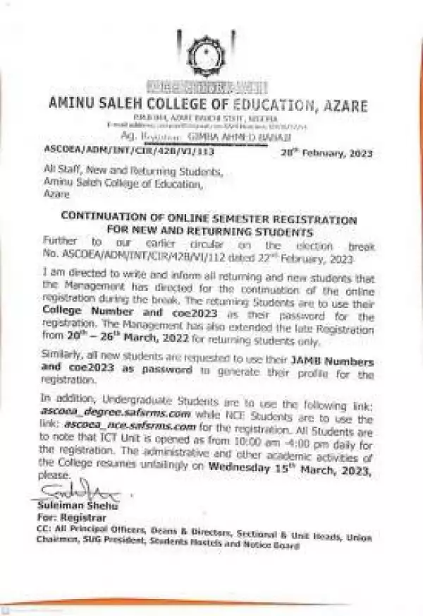 Aminu Saleh COE notice on continuation of online semester registration for all students