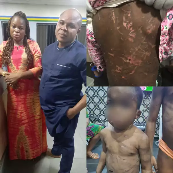 Woman and her partner arrested for allegedly battering her two children aged 5 and 2....see horrific photos of their battered bodies
