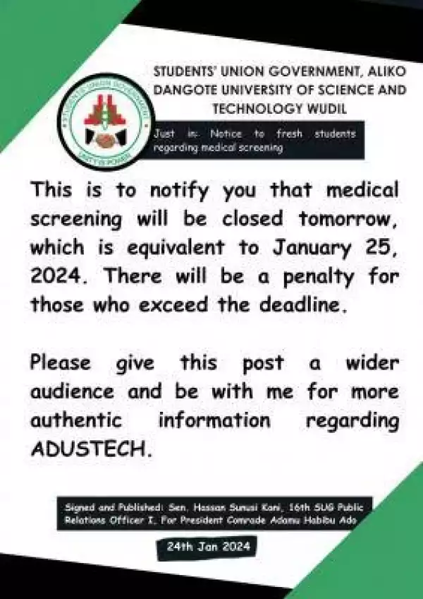 ADUSTECH SUG Notice to fresh students regarding medical screening
