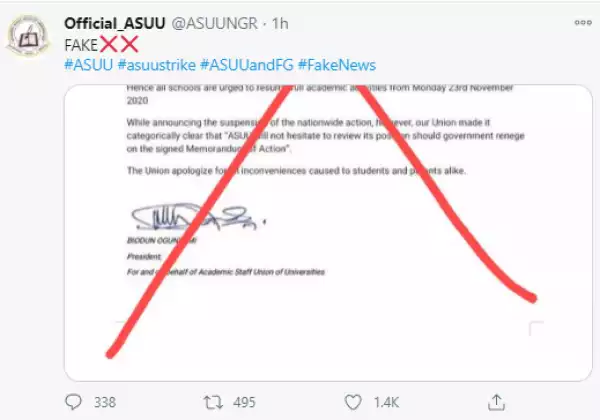 ASUU denies suspending strike and reveals that FG has said it will resume meetings with them