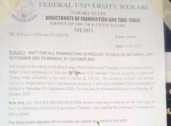 FUWUKARI notice on postponement of examinations scheduled to hold Sat 23rd