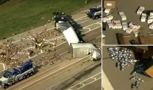Drama As S*x Toys Cover Highway After A Hauling Truck Got Involved In An Accident (Video)