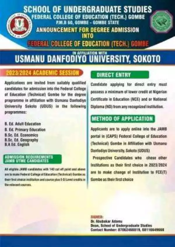 FCE (Tech) Gombe affiliated UDUS degree admission, 2023/2024