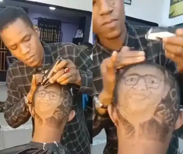 Barber Wows Social Media Users As He Skillfully Carves Peter Obi’s Face On Customer’s Hair (Video)