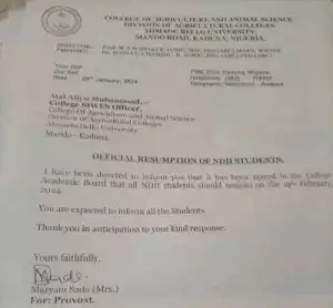 ABU college of Agric & Animal Science, Kaduna notice on resumption of ND11 students