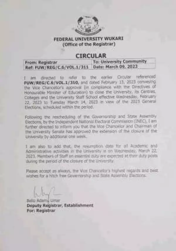 FUWUKARI notice on new resumption date