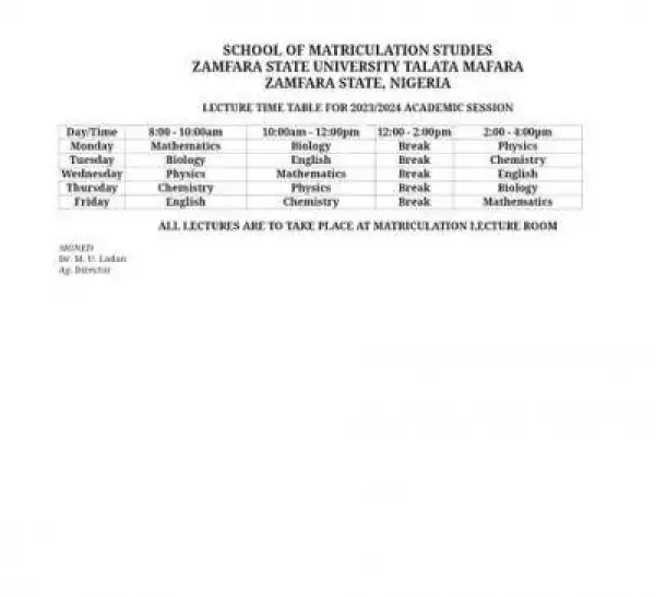 ZAMSU School of Matriculation Studies lecture timetable, 2023/2024