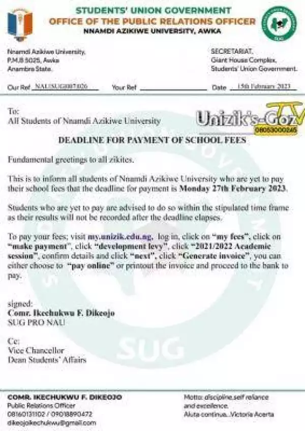 UNIZIK SUG notice on deadline for payment of school fees