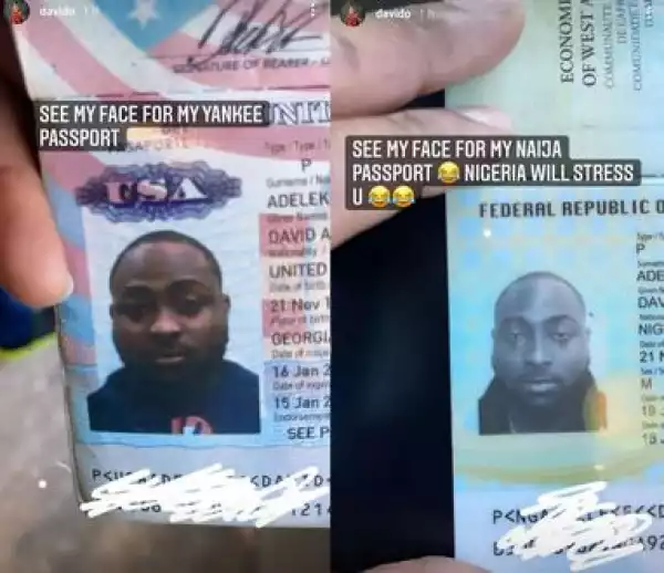 “Nigeria Will Stress You” - Davido Says As He Shares The Photos On His American And Nigerian Passport