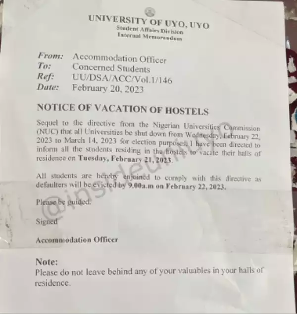 UNIUYO notice on vacation of hostels