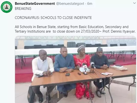 Coronavirus: Benue state government shut down schools indefinitely