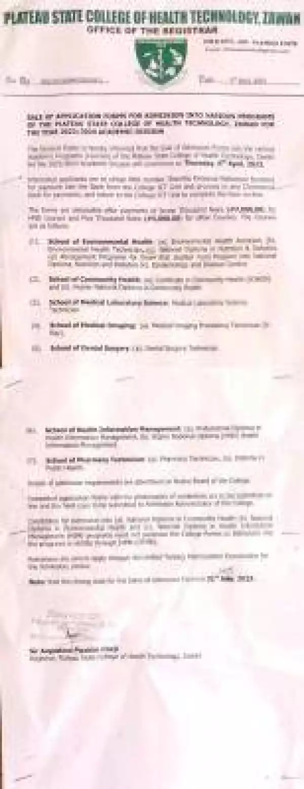 Plateau State College of Health Technology, Zawan admission form, 2023/2024