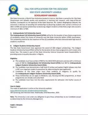 Edo State University call for applications for scholarship awards, 2023/2024