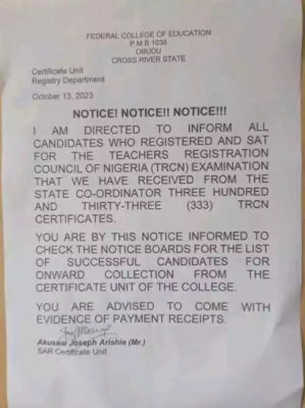 Federal College of Education Obudu notice to candidates that sat for TRCN Examination