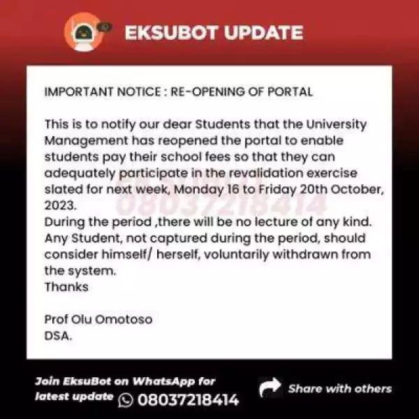 EKSU notice on re-opening of school portal for payment of school fees