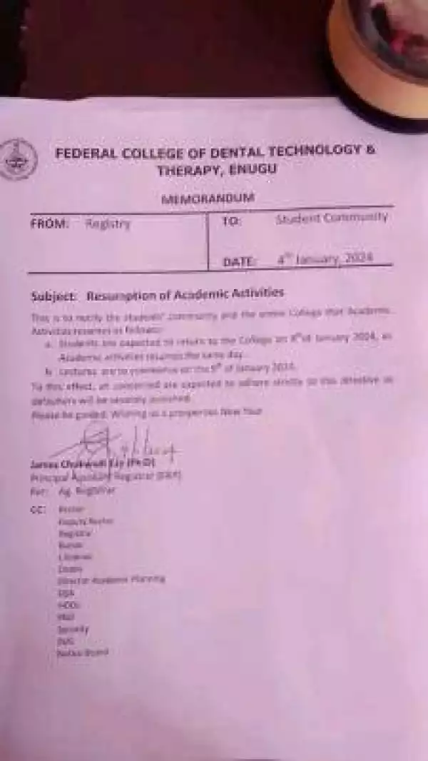 Federal College of Dental Tech. & Therapy, Enugu notice on resumption of academic activities