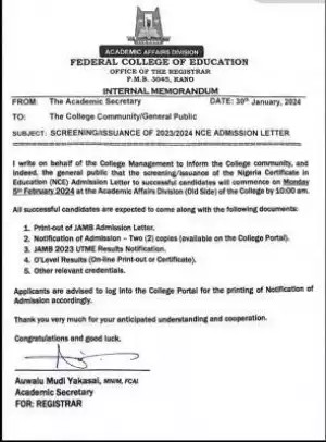 FCE Kano notice on screening exercise for 2023/2024 NCE regular admitted students