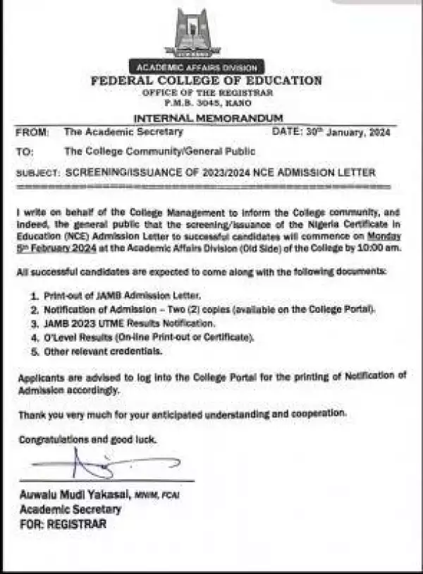 FCE Kano notice on screening exercise for 2023/2024 NCE regular admitted students