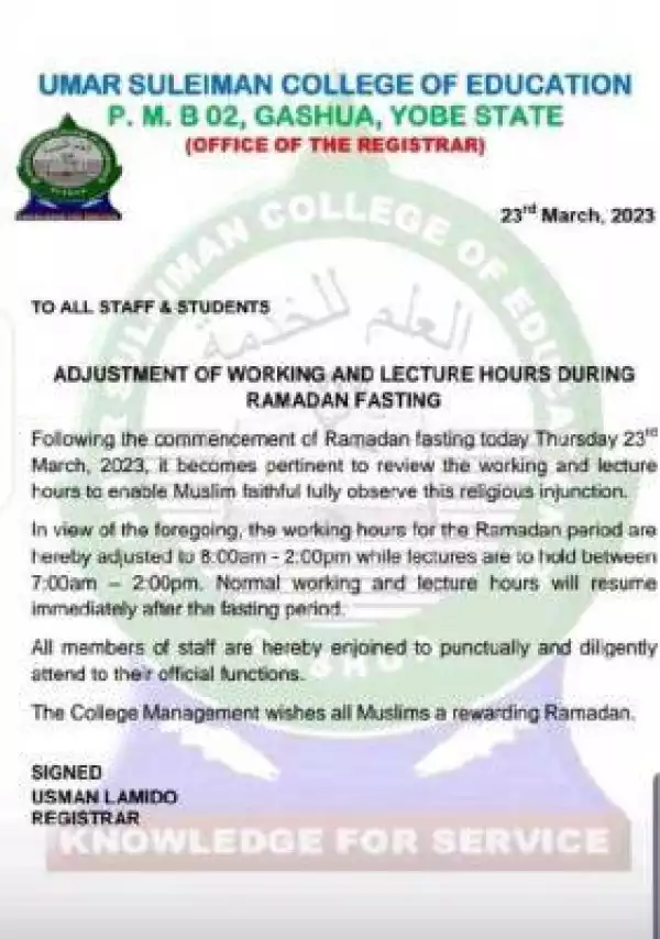 Umar Suleiman College of Education adjustment of working Hours during Ramadan period