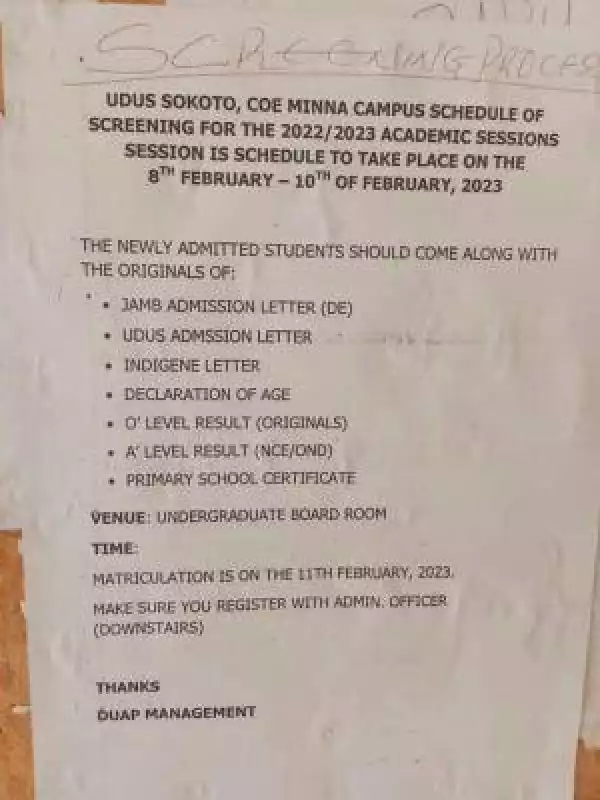 COE Minna (UDUS Affiliated) announces screening for new students, 2022/2023