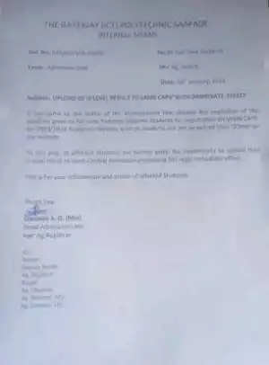 Gateway ICT Polytechnic notice to ND students on upload of O