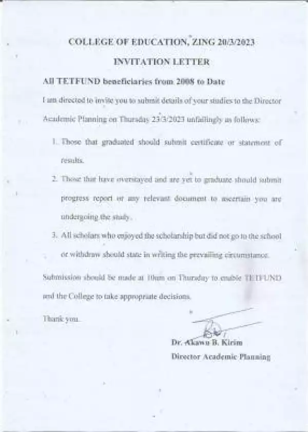 College of Education, Zing notice to all TETFUND beneficiaries from 2008 till date