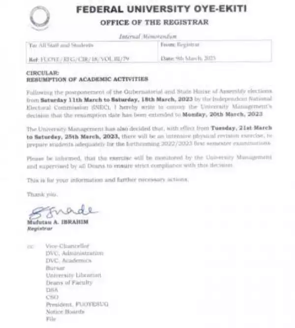 FUOYE resumption notice to students
