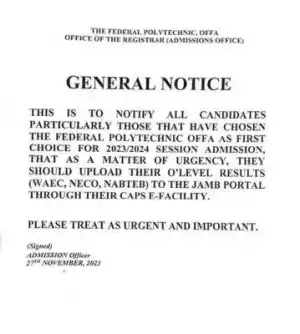 Federal Polytechnic Offa notice to prospective candidates on upload of O