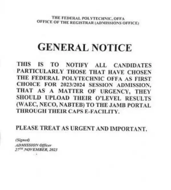Federal Polytechnic Offa notice to prospective candidates on upload of O