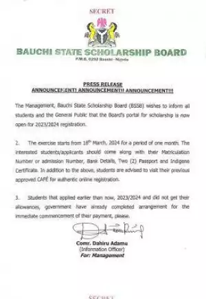 Bauchi State Scholarship Board announces scholarship registration for 2023/2024