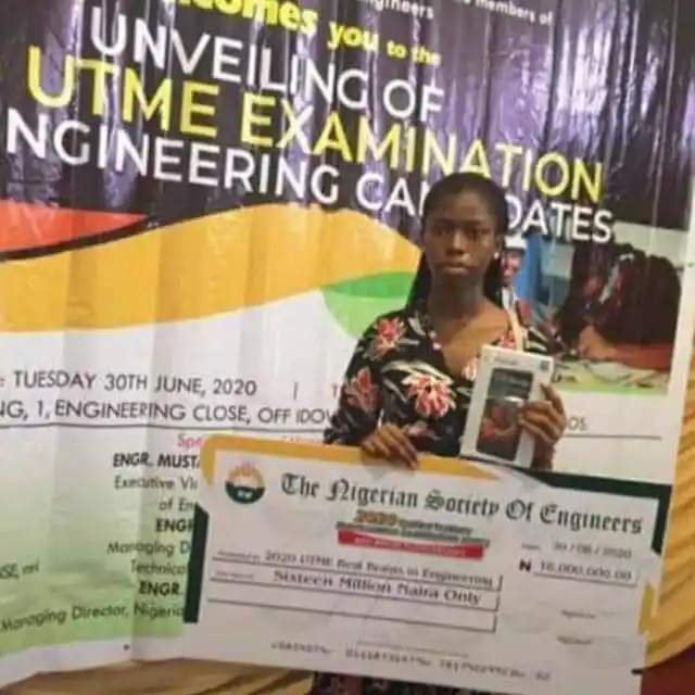 Student with highest JAMB result, Egoagwuagwu Agnes gets 16 million Naira reward from Nigerian Society of Engineers