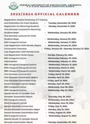 FUNAAB releases academic calendar for 2023/2024 academic session