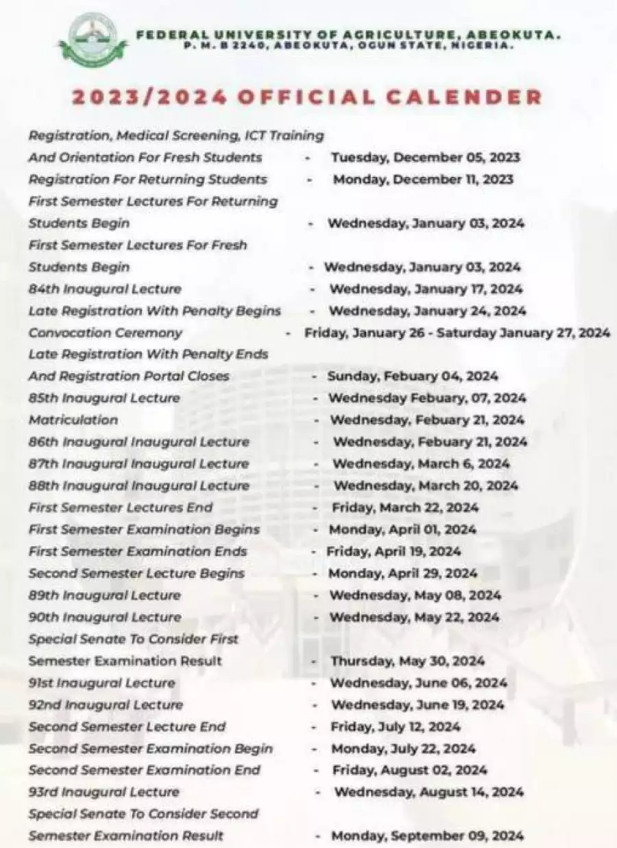 FUNAAB releases academic calendar for 2023/2024 academic session Waploaded