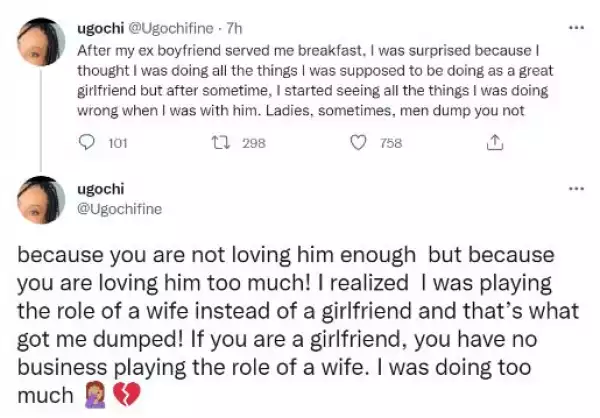 A Man Can Dump You Because You Are Playing The Role Of A Wife As A Girlfriend - Nigerian Lady Reveals Why Her Boyfriend Ended Their Relationship