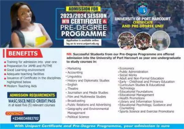 UNIPORT Pre-Degree & Certificate Admission, 2023/2024