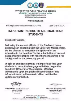 UNILORIN SUG notice to final year students