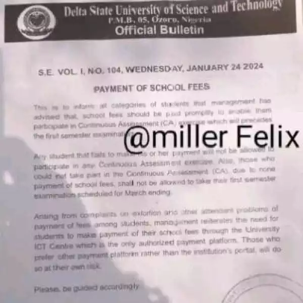 Delta State University, Ozoro notice on payment of school fees