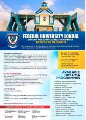 Federal University Lokoja Diploma admission form, 2024/2025