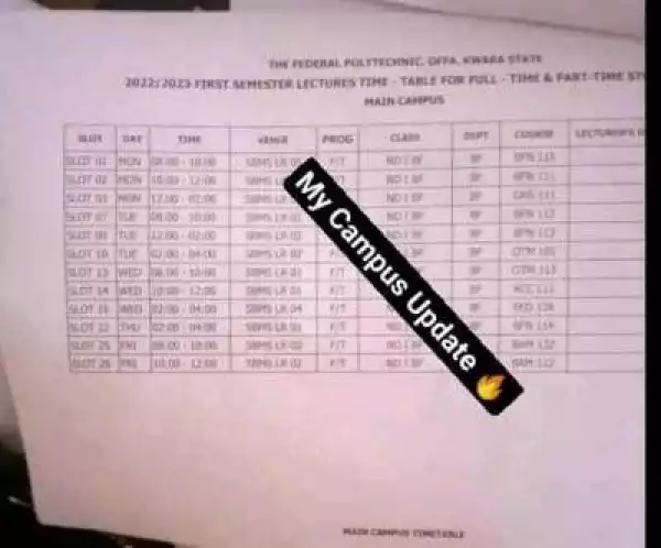 Fed Poly Offa 1st semester lecture timetable, 2022/2023