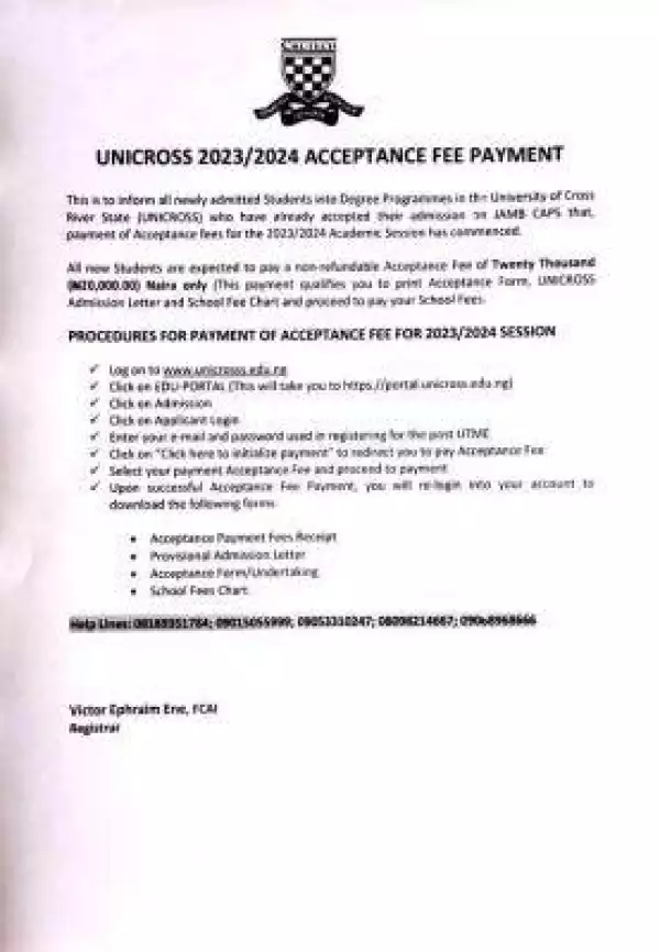 UNICROSS notice on payment of acceptance fees, 2023/2024