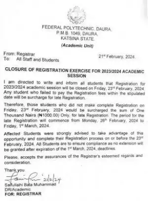 Fed Poly Daura notice on closure of Registration, 2023/2024