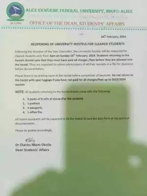 FUNAI notice on reopening of University hostels