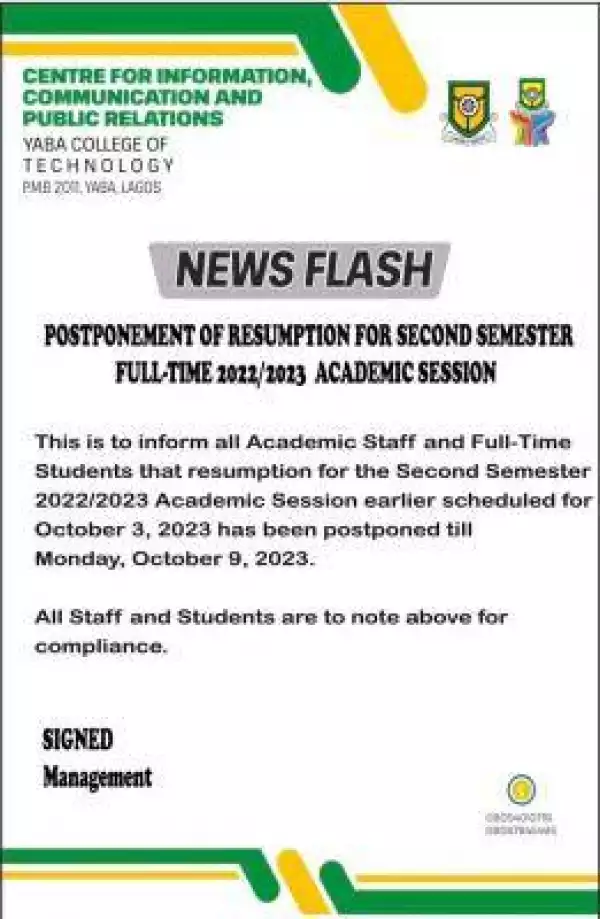 YABATECH postpones full time 2nd semester resumption date, 2022/2023