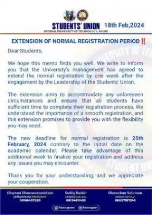 FUTA SUG notice on extension of registration deadline