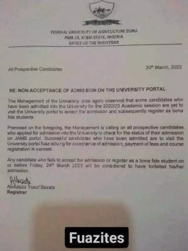 FUAZ notice on non-acceptance of admission